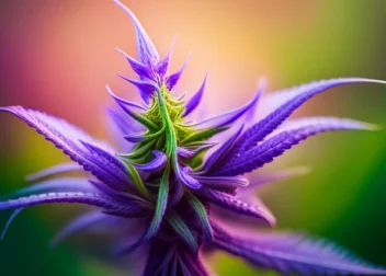 A close-up photograph of a cannabis flower with vibrant purple hues. The focal point of the image should be the bud itself, showcasing its texture and deep purple color. Highlight the trichomes and pistils in sharp detail, and use a complementary contrast of green and purple to make the colors stand out. Consider adding a soft blurring effect to the background to make the flower pop.